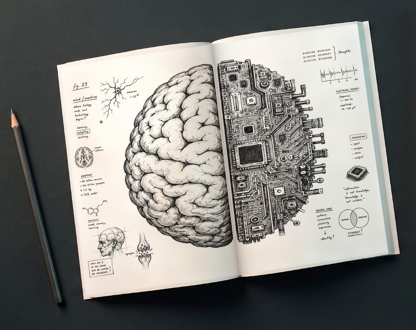 An open spread of ECHO: a hand-drawn brain whose right half turns into a circuit board, with pencil notes in the margins.