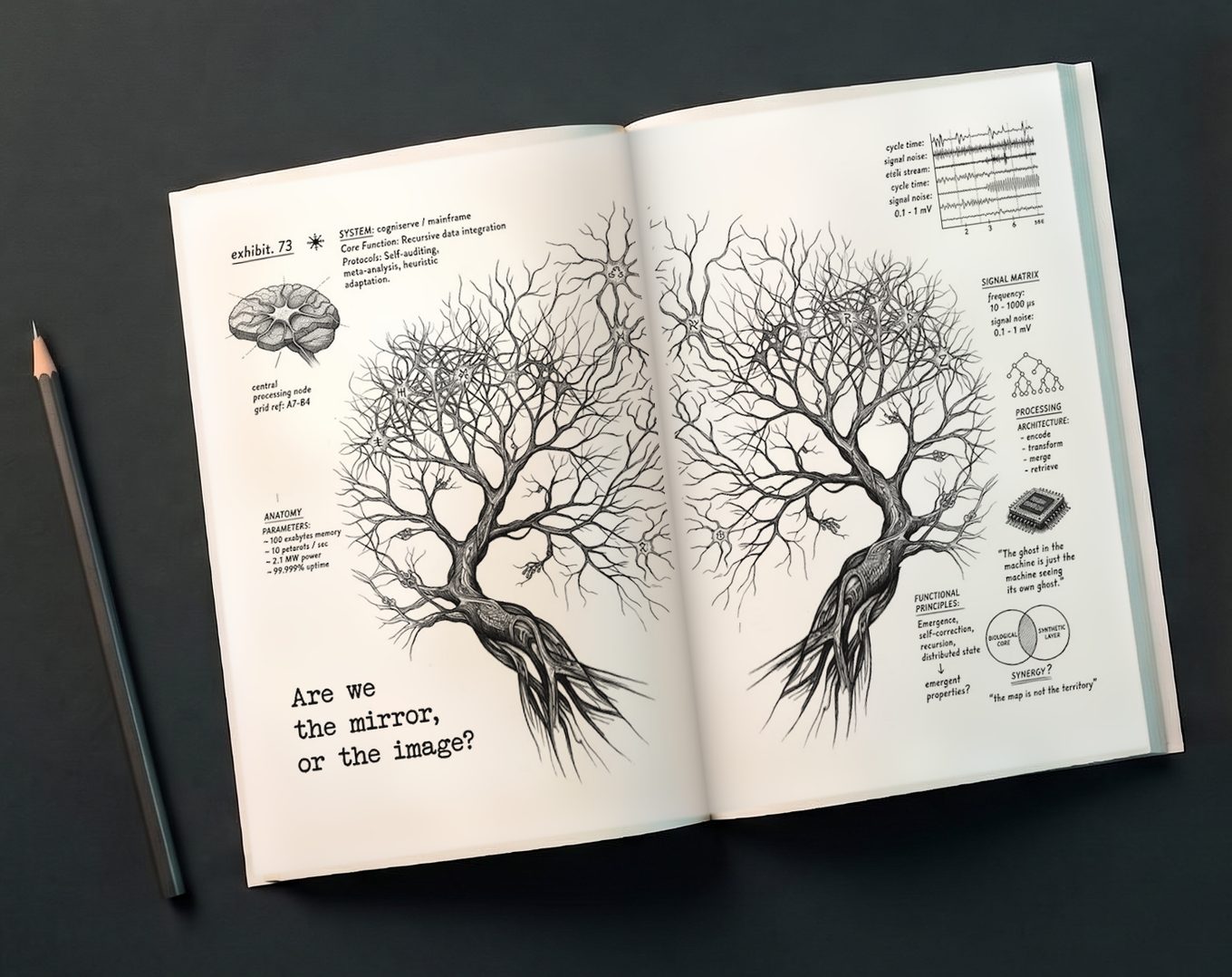 An open spread of ECHO: two mirrored trees of neurons drawn in ink, with the question: are we the mirror, or the image?
